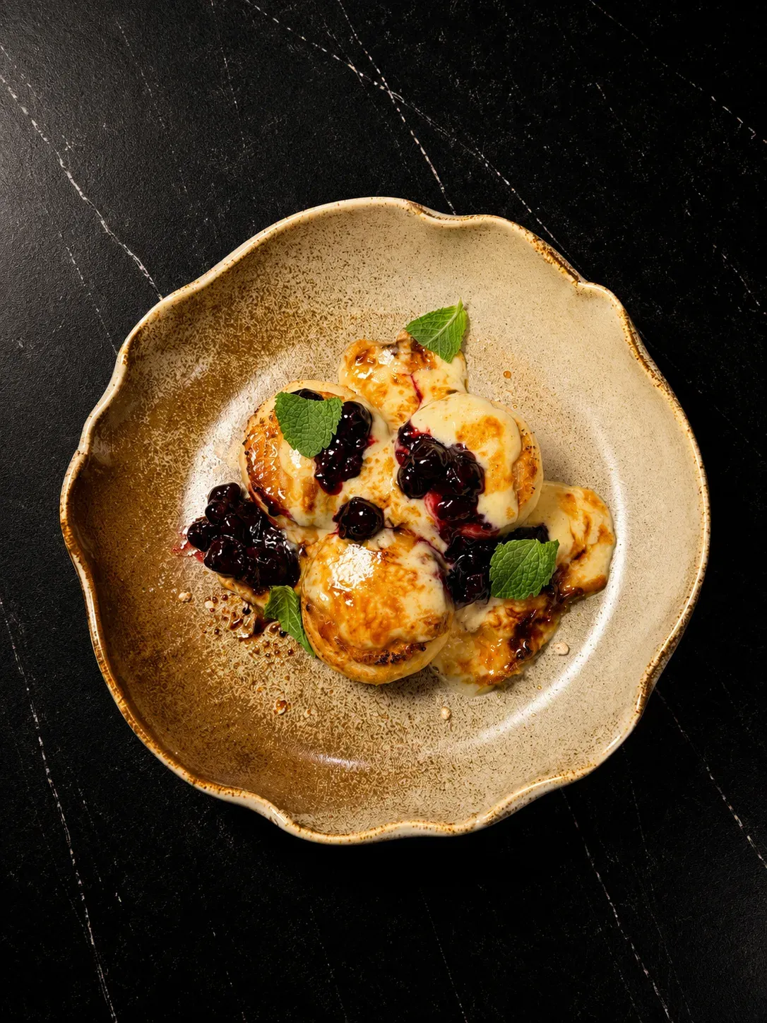 Gluten-Free Syrniki with Crème Brûlée and Blackcurrant