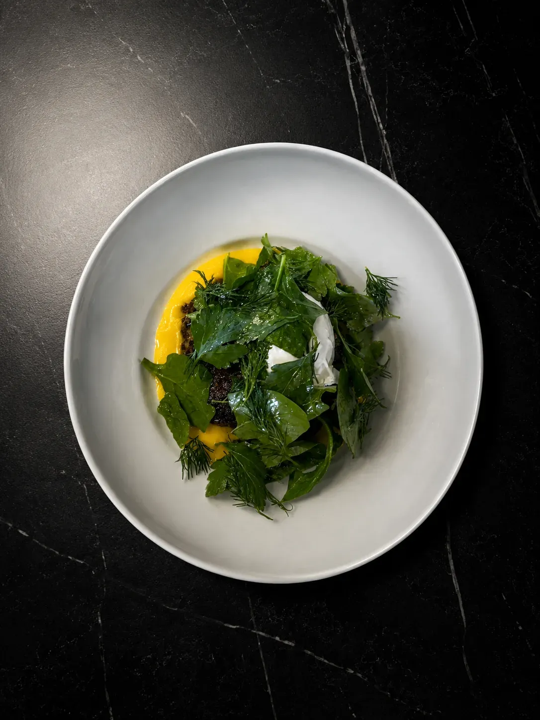 Beefsteak with Poached Egg, Cheese Sauce and Green Salad