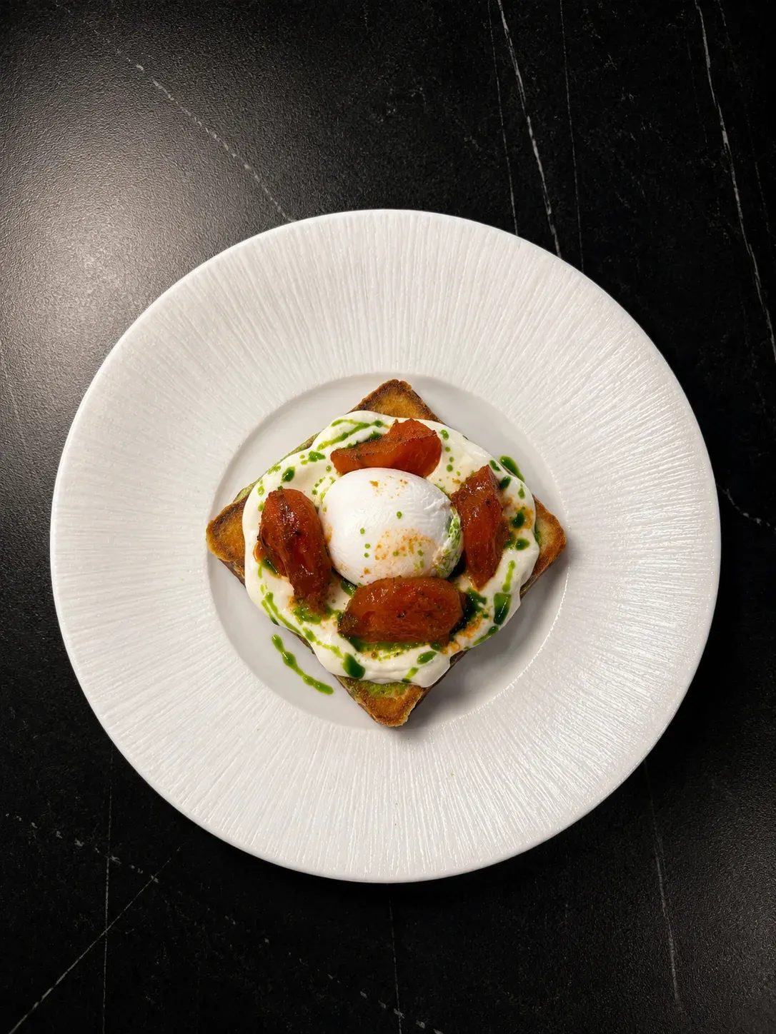 Toast with Fried Tomatoes, Poached Egg and Feta Mousse